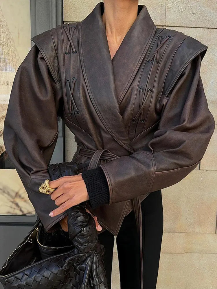 maoxiangshop - Fashion Leather Woman Short Jacket With Belt Turn Down Collar Long Sleeve Motorcycle Coat Ladies Winter Warm Street Outerwear