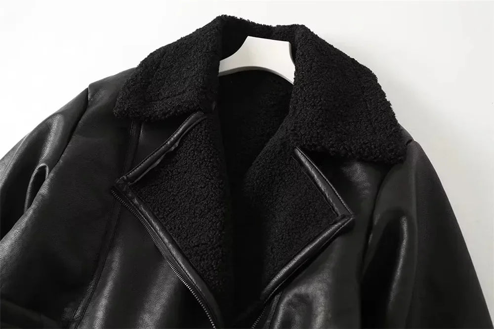 maoxiangshop - Autumn Winter Women Warm Black Zipper Faux Leather Jacket Coat Loose Turn Down Collar Thickness Overcoat Female Outwear