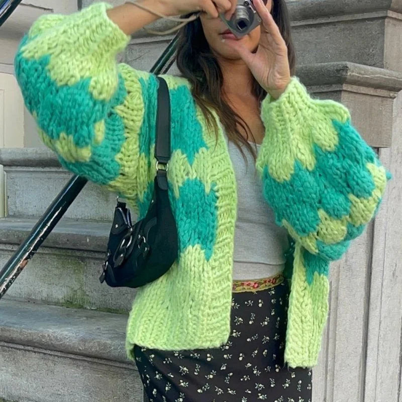 maoxiangshop - Stripe Pattern Cropped Cardigans Vintage Lantern Sleeves Knitted Sweater Aesthetic Y2k Knitwear Coat Women Autumn Outwear Street