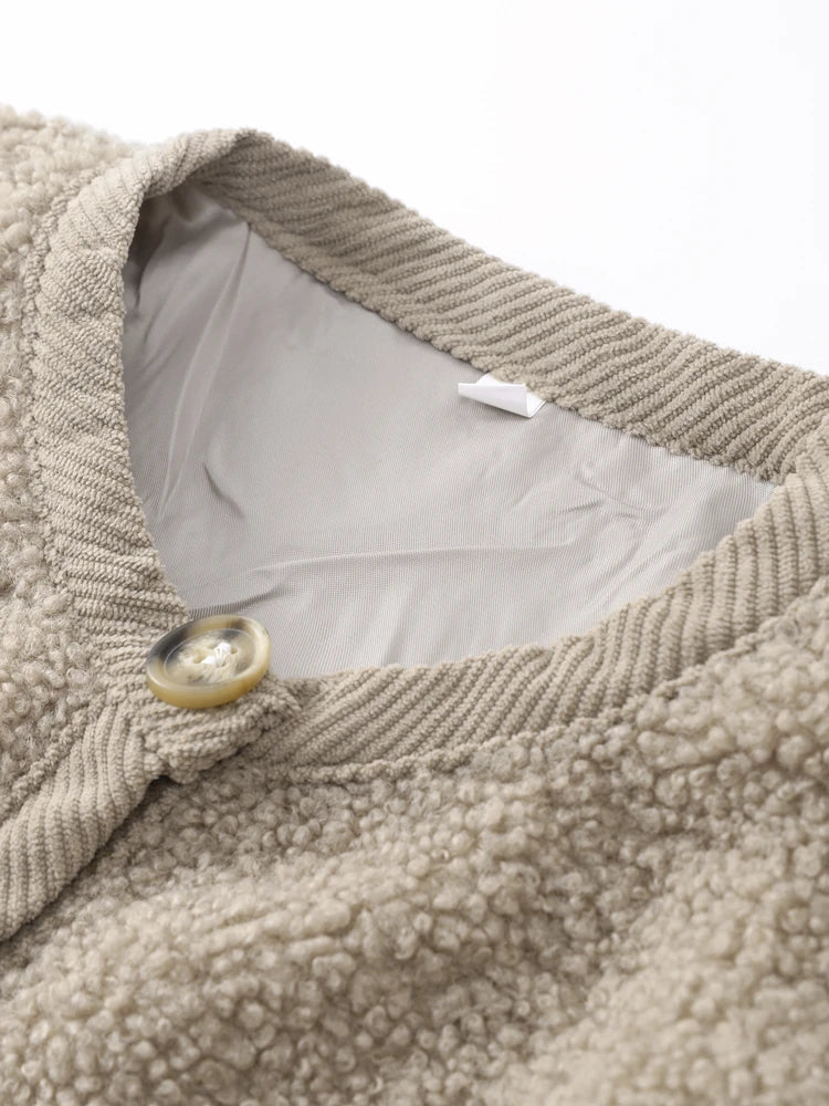 maoxiangshop - Fashion Lamb Wool Women Short Coats O-neck Long Sleeve Single Breasted Jackets Female Autumn Winter Office Lady Commuting Coat