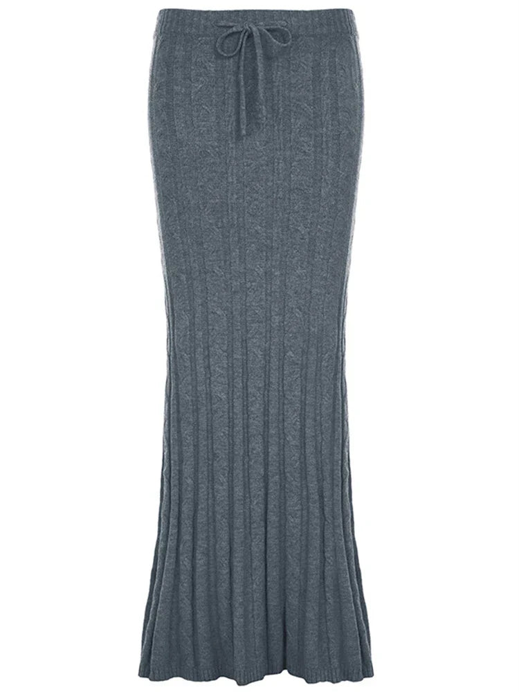 maoxiangshop - Twists Woolen Knitted Maxi Skirt Women Lacing Low Rise Slim Long Fishtail Skirt Hottie Autumn Winter Streetwear