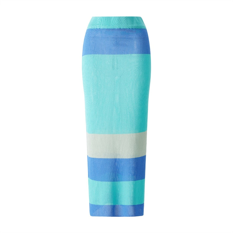 maoxiangshop Female Crochet Hollow Out Skirt Solid/Stripe Patchwork Casual Fashion Clothes Women Elastic High Waist Wrapped Long Skirts S M L