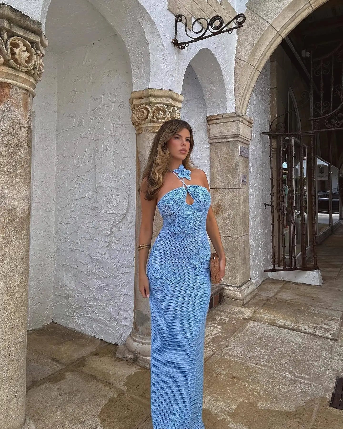 Sexy 3D Flower Knitted Dress Women Hollow Out Halter Sleeveless Beach Long Dresses Female Summer Vacation Ladies Vestidos