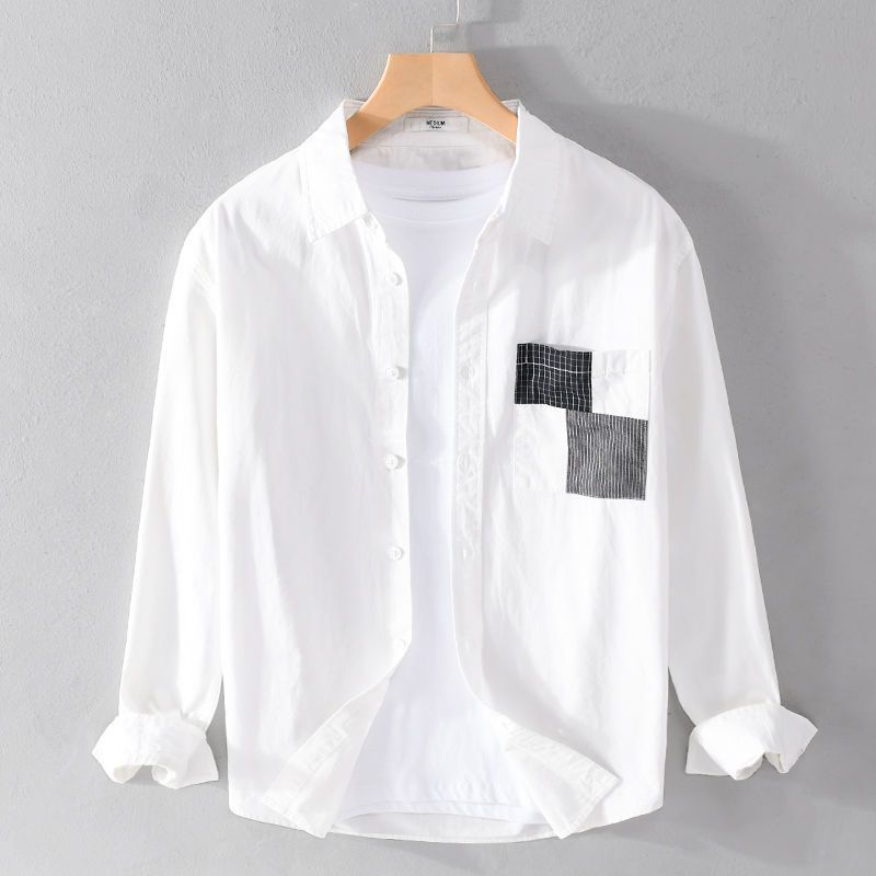 maoxiangshop Spring Autumn Solid Long Sleeve Shirt Men Clothing Turn-down Collar Loose Casual Cardigan Man Simple Printed Pocket Tops