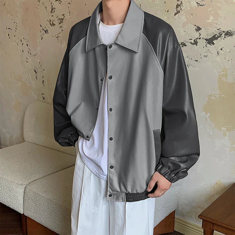 maoxiangshop Clashing Color Splicing Leather Jacket Autumn Trend American Mens Jacket Coat Loose Casual Lapel Tops Men Women Clothing