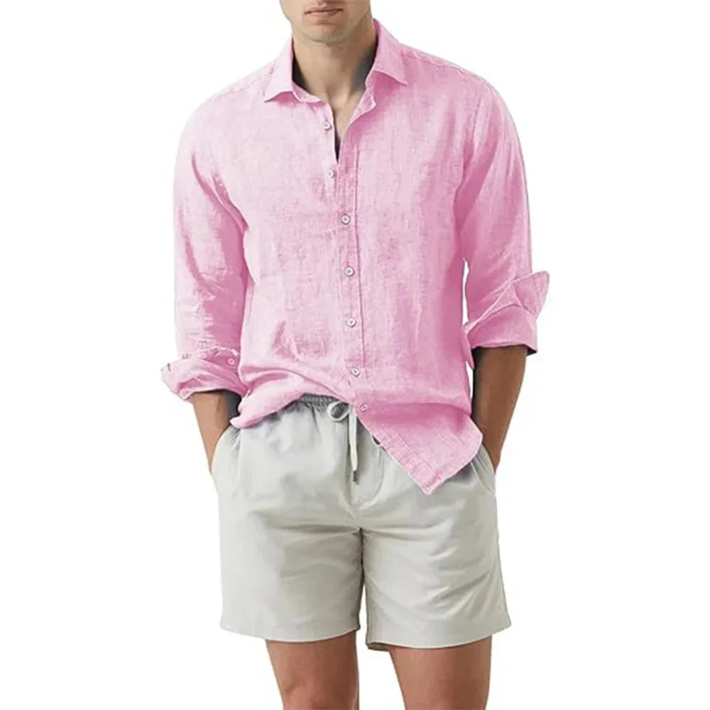 maoxiangshop Summer Shirt Beach Cotton Linen Shirts Men Cardigan Tops Long Sleeved Turn Down Collar Slim Fit Large Size