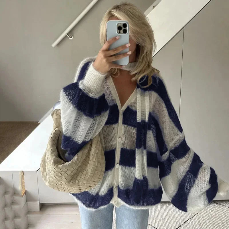 maoxiangshop - Striped Knit Sweater Cardigan With Scarf Women Casual V Neck Lantern Sleeve Coat 2024 Autumn Chic Contrast Lady Fashion Knitwear