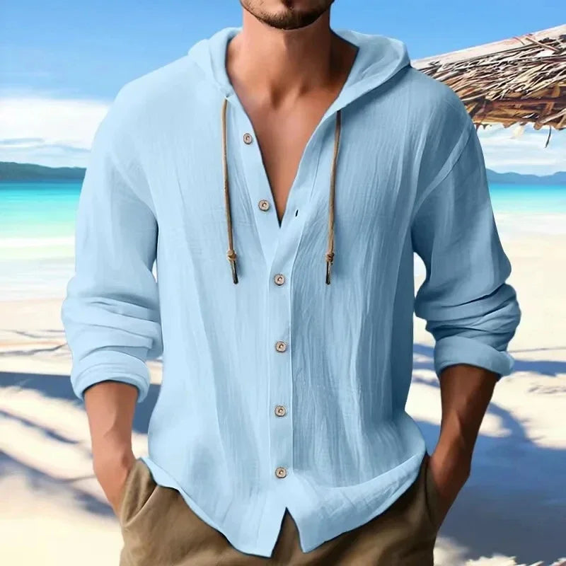 maoxiangshop Summer Men's Linen Shirt Solid Streetwear Long Sleeve Hoodie Cardigan Clothing For Men Button Tops Casual Loose Men Hooded Shirt