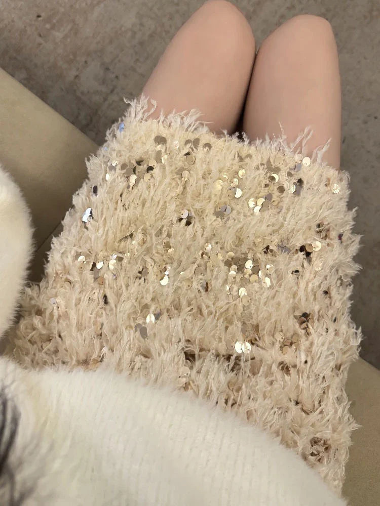maoxiangshop - Women's Y2K Shiny Sequined Skirt Autumn Feather Casual Elastic Short Mini A-line Skirts For Club Streetwear