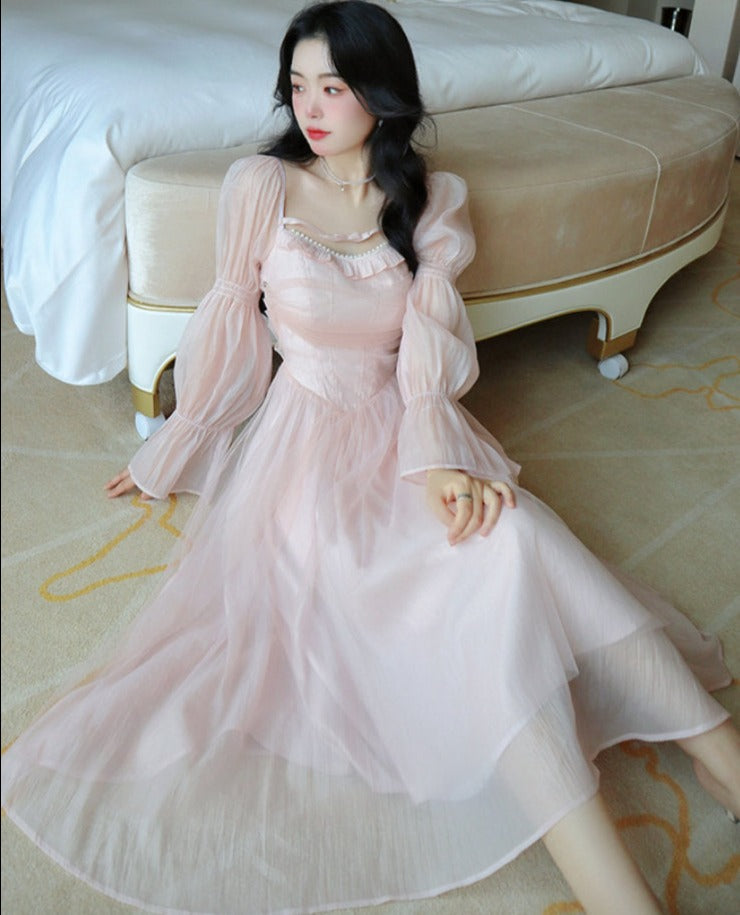 maoxiangshop Elegant Evening Party Midi Dress Women Bubble Sleeve French Vintage Sweet Dress Female Pink Korean Style Fairy Dress Autumn