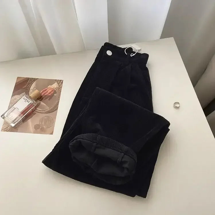 maoxiangshopRetro High Waist Corduroy Pants Women Spring Fall Straight Causal Full Length Trousers Korean Fashion Baggy All Match Black Pant
