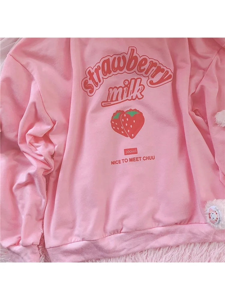 3XL Harajuku Kawaii Strawberry Pink Sweatshirts Fleece Sweatshirt Women Kpop Chic Cute Girls Top Y2k Clothes
