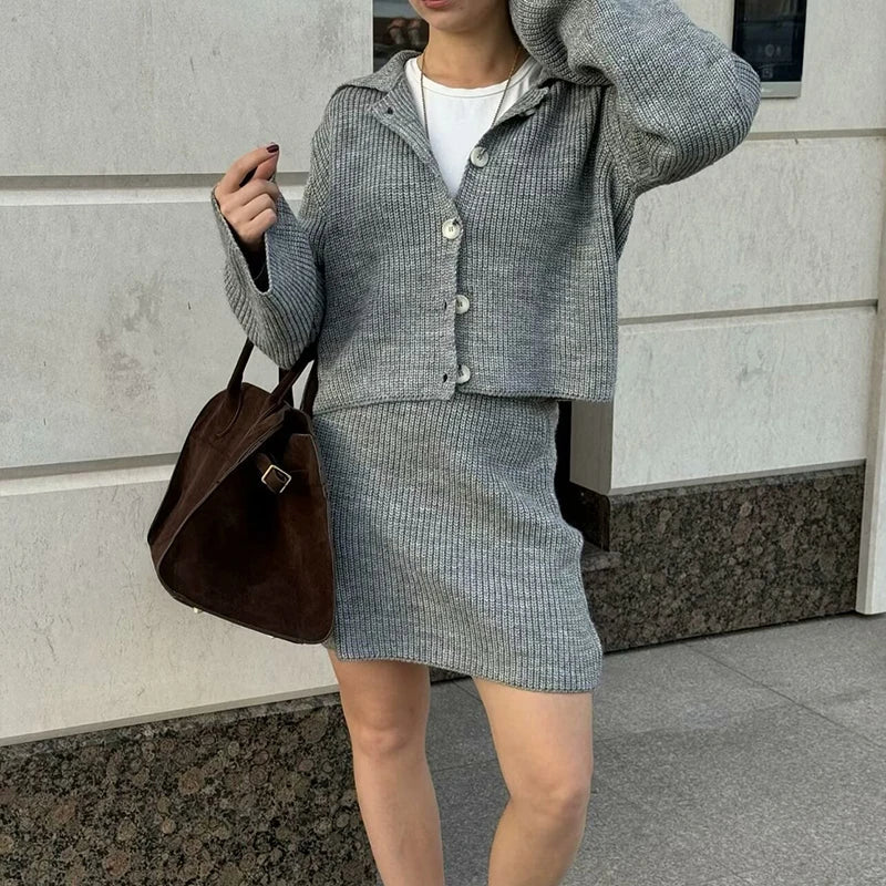 maoxiangshop - Autumn Knit Two Piece Sets Women Knitwear Jumper Loose Tops Long Sleeve Jacket Sweater Cardigan High Waist Skirt Mini Skirts