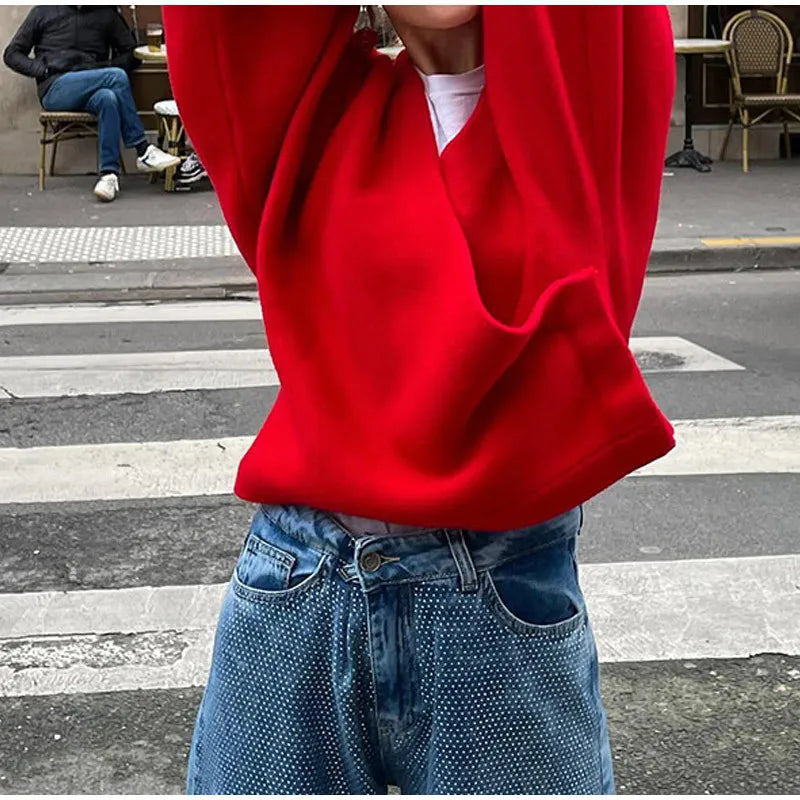 maoxiangshop - Loose Casual Red knitted Sweater Female 2024 Fashion Autumn Winter Long Sleeve Pullovers V Neck Splice Women's Solid Top