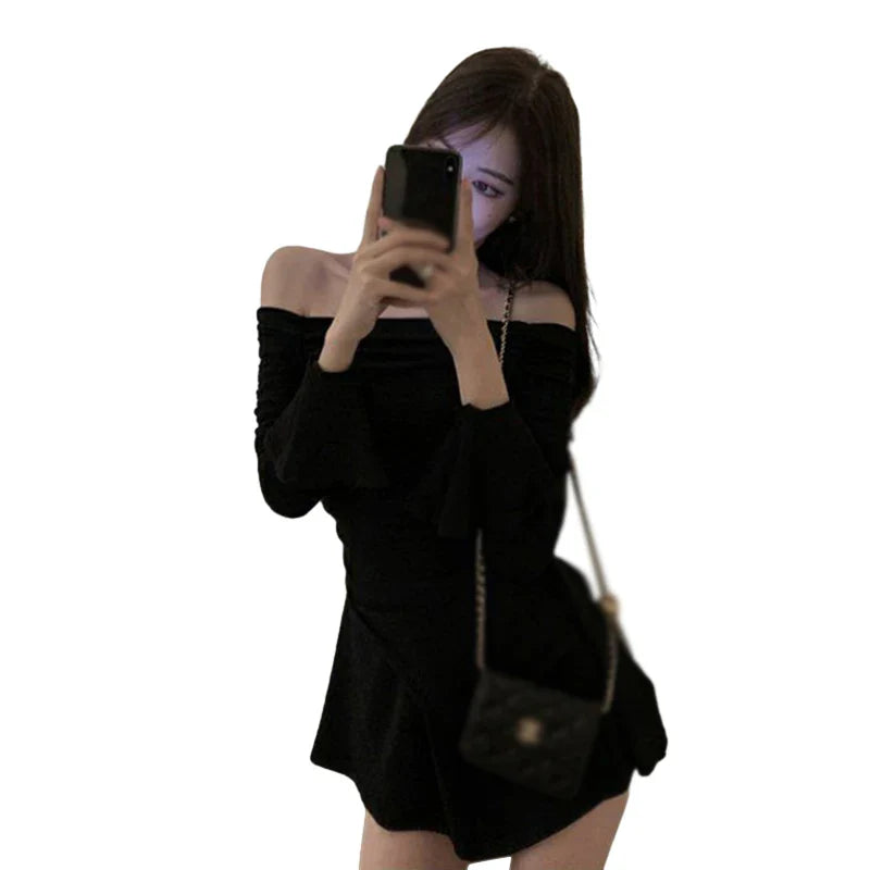 maoxiangshop Off Shoulder Long-Sleeved Dress Spring Autumn Solid Color Pleated Design Slim Fitting Sexy Short Dress Sweet And Spicy