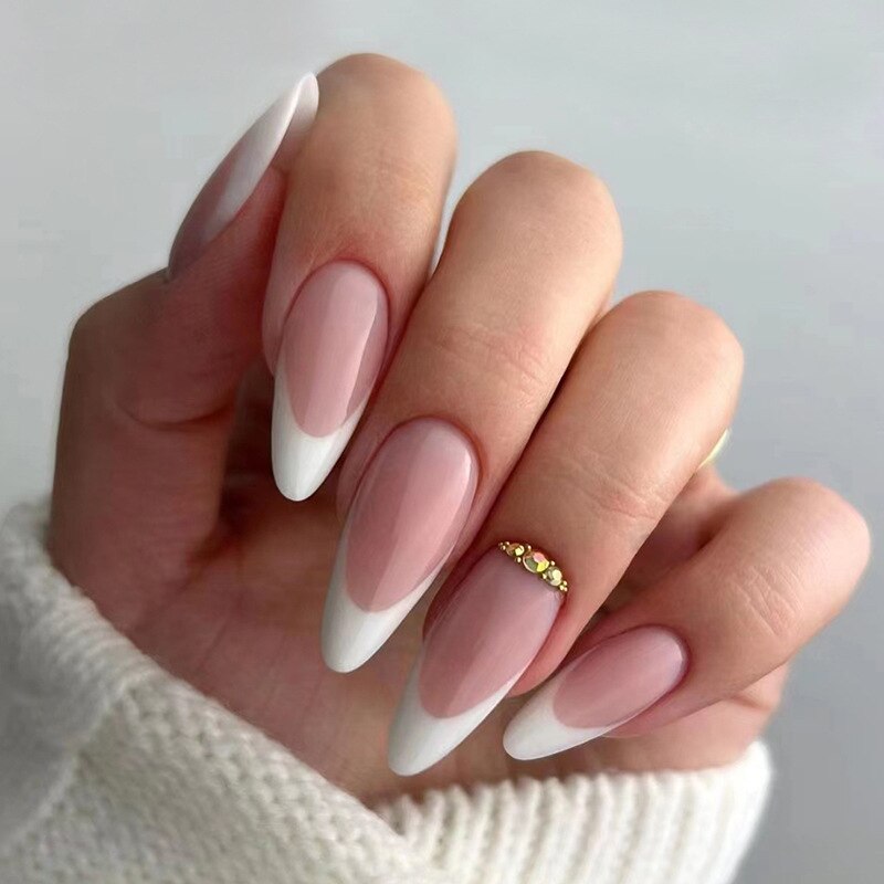 24Pcs Water-drop Almond Fake Nails Sharp Nails Set Press on Stiletto Glitter Silver False Nails Wearable Full Cover Nail Tips
