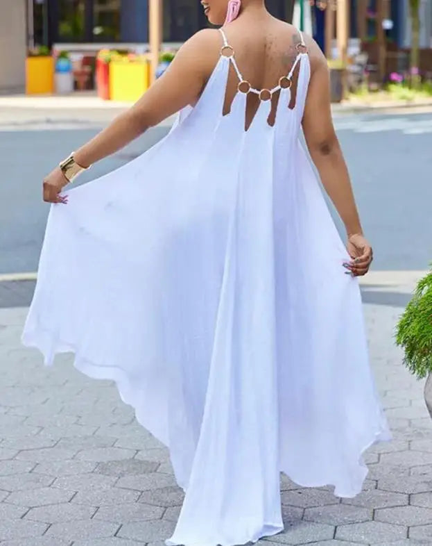 maoxiangshop Elegant Dresses for Women Cutout O-Ring Decor Asymmetrical Casual Dress New Fashion Summer Casual Female Clothing Outfits