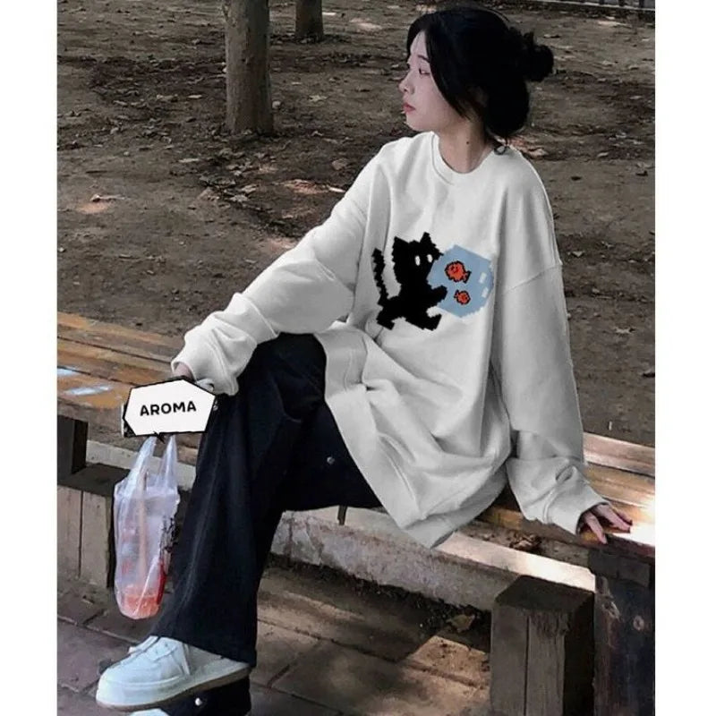 HOUZHOU Kawaii Y2K Grey Crewneck Sweatshirts Women Japanese 2000s Style Cute Long Sleeve Hoodies Harajuku Cotton Tops Winter