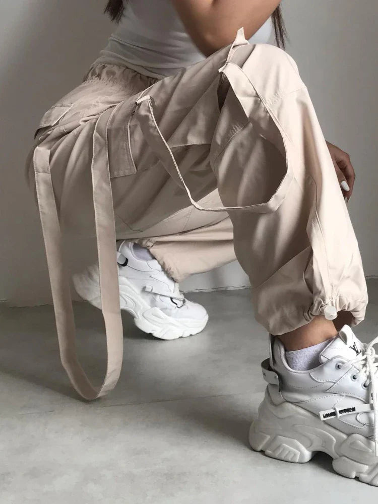 maoxiangshop - High Waist Cargo Pants Women Pocket Loose Pink Fashion Baggy Sweatwear Female Autumn Winter Casual Sweatpants Woman