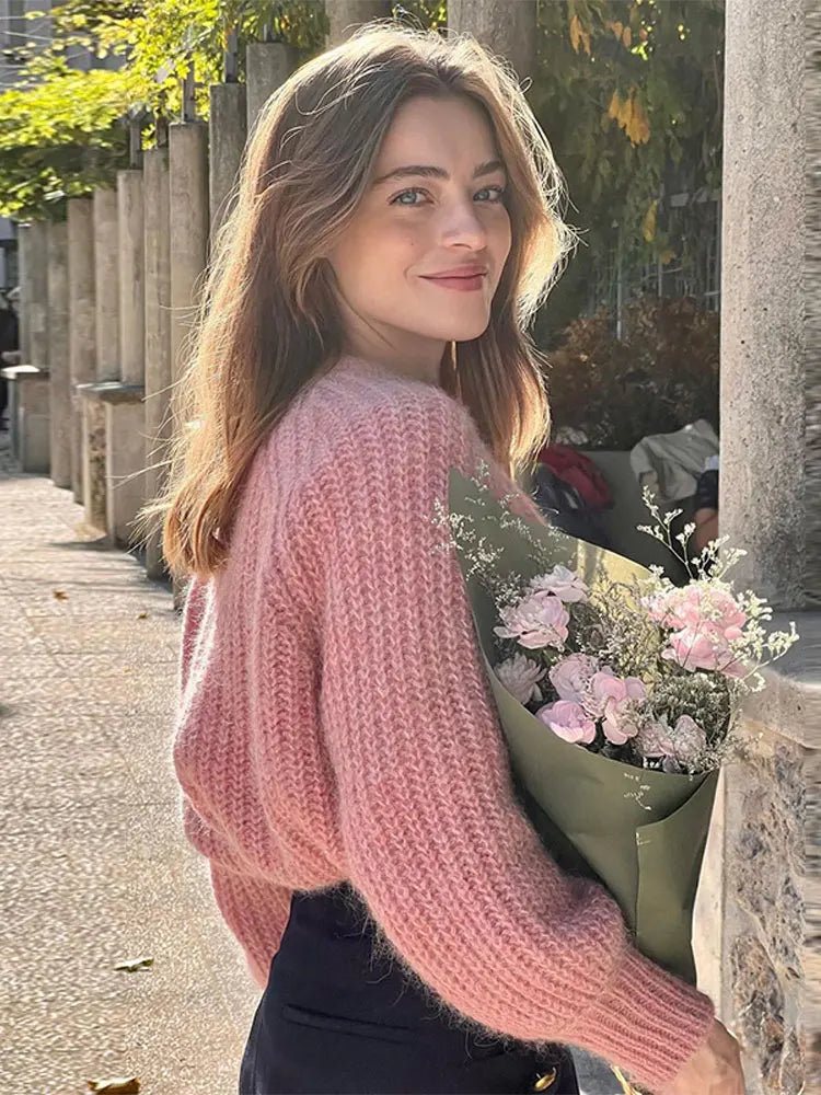 maoxiangshop - Women Pink Mohair Cropped Knitted Sweaters Sweety Long Sleeve O-neck Pullover Top Autumn Fashion Female Warm Knitwear