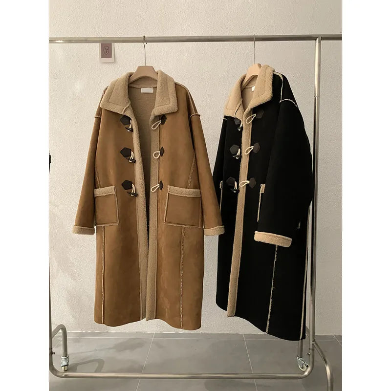 maoxiangshop - Korean Winter Fashion Suede Lamb Wool Splice Coat Fashion American Retro Coat High-End Long Single-Breasted Thicken Warm Coat