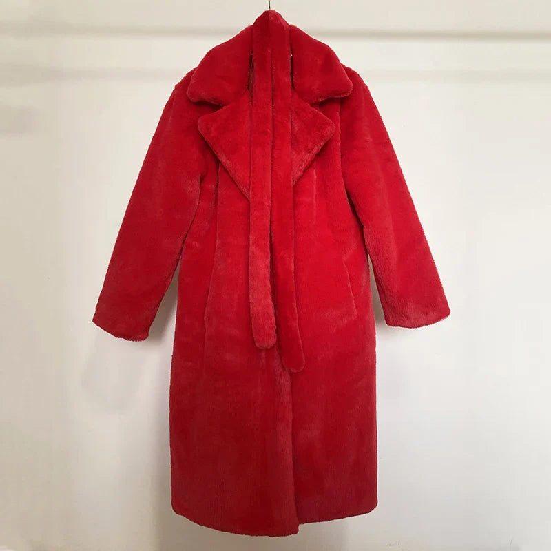 maoxiangshop - Luxury Winter Long Overcoats Women Oversized Lapel Belted Faux Rabbit Fur Coat Jacket Female Plus Size Outerwear Plush Fur Coats