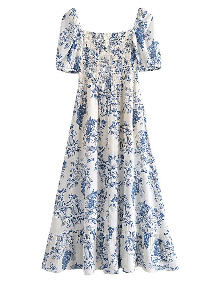 maoxiangshop New Summer Women Vintage Fruit Floral Print Square Neck Puff Sleeves Elastic Sexy Side Slit Long Midi Dress