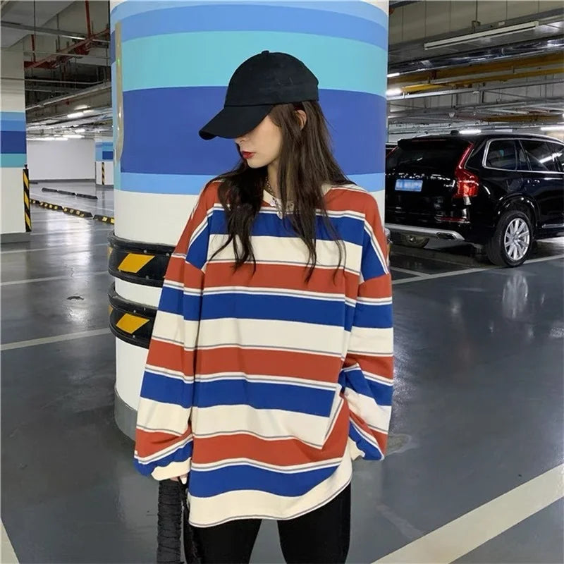 maoxiangshop autumn Hoodies Striped Oversized Sweatshirt Women Harajuku Pullovers Korean Fashion Couples Matching Long Sleeve Tops Streetwear