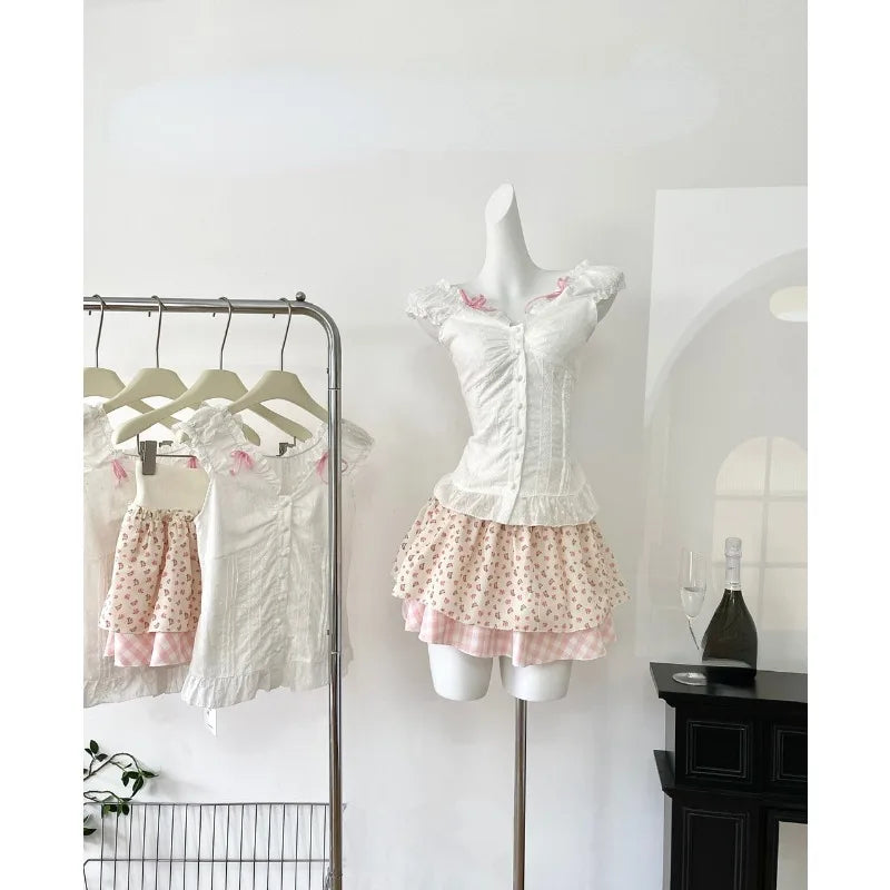 New French Elegant Fashion Women Outfits 2 Piece Skirts Set Casual Solid Blouse + Sweet Sexy Print Y2k Mini Skirt Hot Girl