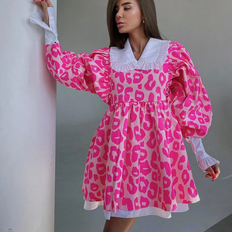 maoxiangshop - Women Vintage Printed Mini Dress Autumn New Fashion Long Sleeve Dresses High Waist Printed A- Line Doll Collar Poncho Dress