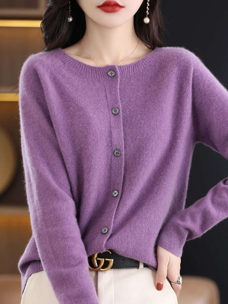 maoxiangshop Aliselect Long Sleeve Women Knitwear Cashmere Knit 100% Pure Merino Wool Spring Autume O-Neck Top Cardigan Sweater Clthing Coat