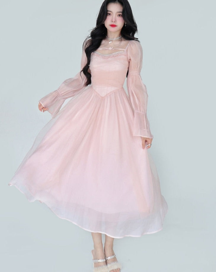 maoxiangshop Elegant Evening Party Midi Dress Women Bubble Sleeve French Vintage Sweet Dress Female Pink Korean Style Fairy Dress Autumn
