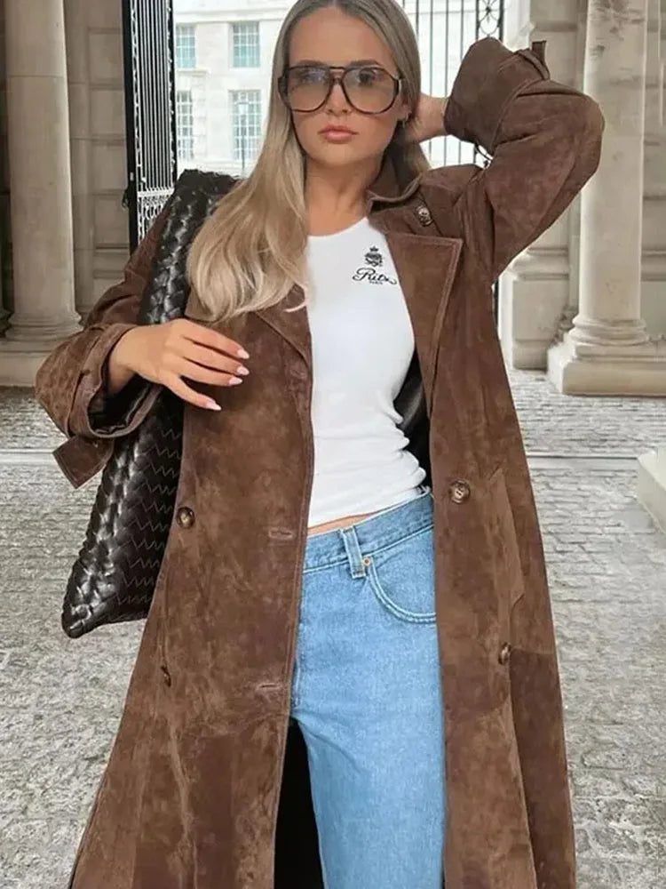 maoxiangshop - Female Retro Jacket Elegant Brown Belted Waist Long Coat Double Breasted High Street Autumn Fashion Full Sleeve Outwear