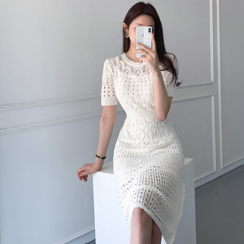 maoxiangshop Casual Chic Korean Temperament Slim Sexy Hollow Out Dresses O Neck Short Sleeve Wrap Hip Knitted Dress White Lady Summer