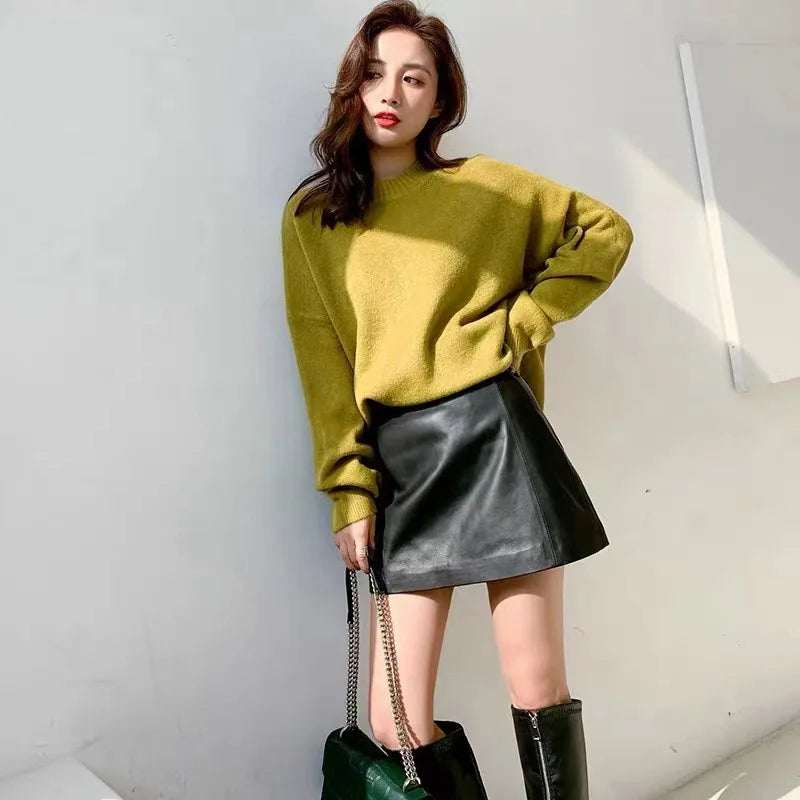 maoxiangshop Leather Skirt Women Fashion New High Waist Skirt Spring Autumn Slim Mini Skirt Genuine Leather Shorts Boots Y2k