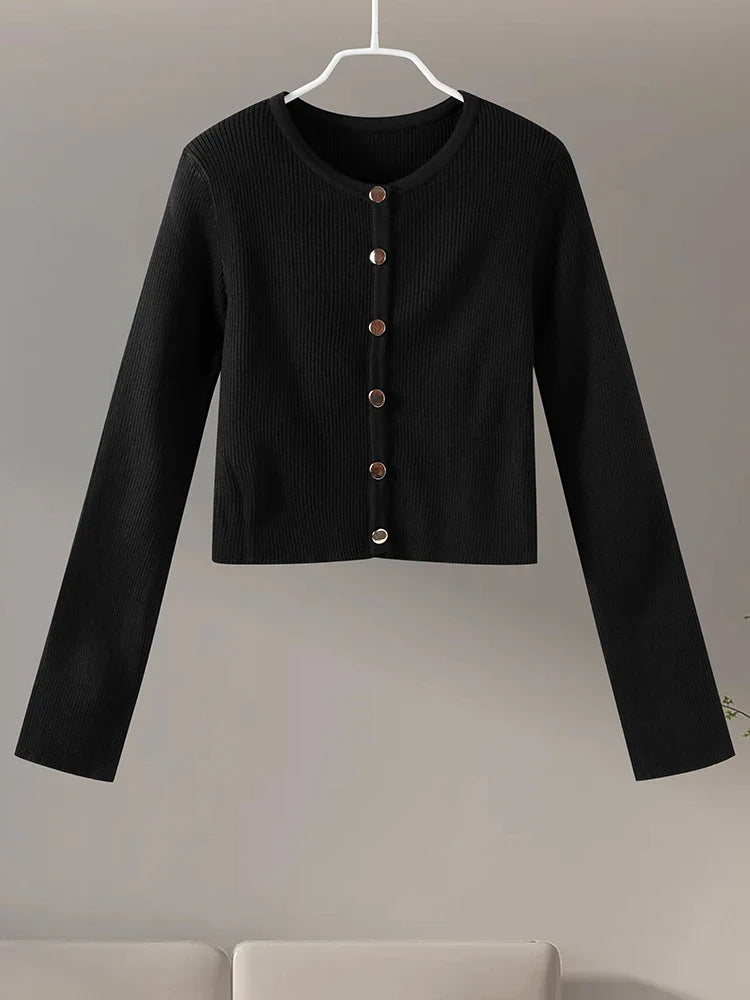 maoxiangshop - Elegant Women's Sets Autumn O-neck Buttons Black Knitted Cardigan Midi Skirts Suits Woman Sheath Elegant Solid Sets Office Lady