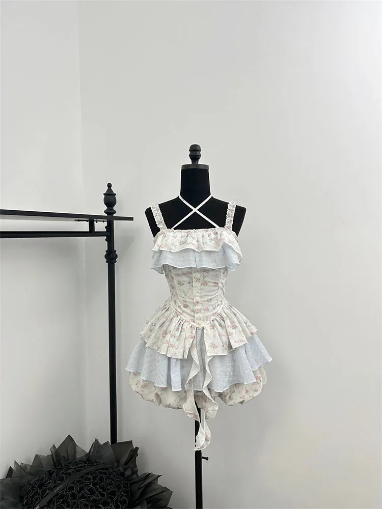 maoxiangshop Summer Women Korean Vintage Ballet Core 2000s Party Rave Y2k Outfits 2 Piece Set Mori Girl Floral Fairy Dress + Cute Mini Shorts