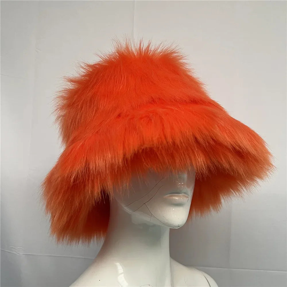 maoxiangshop - Luxury Ins Hot Y2k Girls Faux Fox Fur Bucket Hat Women Winter Warm Rabbit Fur Plush Fisherman Hat Cap Festival Party Ski Panama