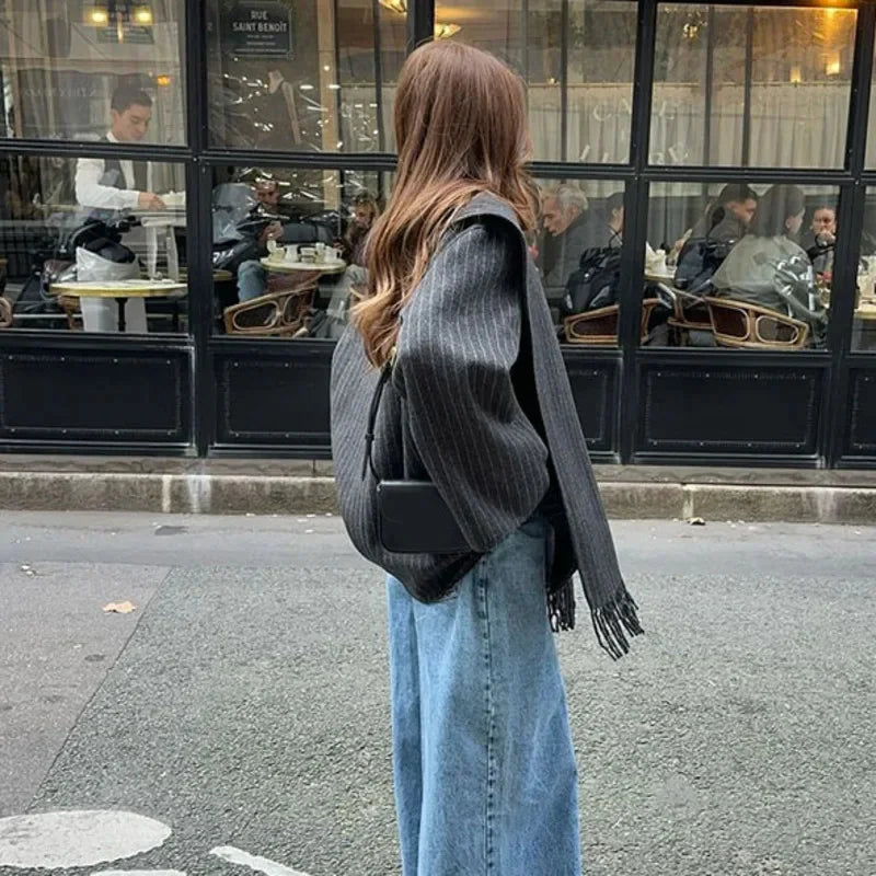maoxiangshop - Fashion Striped Scarf Collar Short Jacket Women Elegant Wool Blend Single Breasted Crop Coat 2024 New Autumn Street Warm Outwear