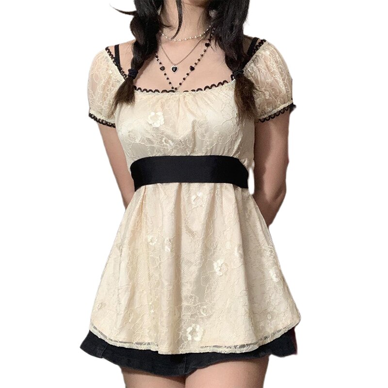 maoxiangshop y2k Aesthetic Lace Tops Fairy Grunge Women Short Sleeve Drawstring Tshirt Off Shoulder Clothes Korean Fashion T Shirt Streetwear