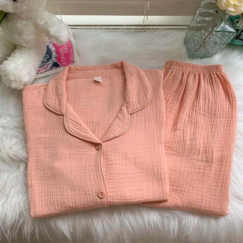 maoxiangshop - Cotton Double-layer Gauze Pajamas For Women's Fashion Cute Carrot Print Long Sleeve Tops + Pant Home Clothing Two-piece Set