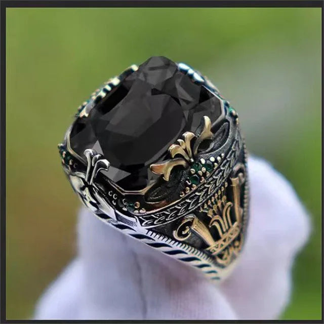 maoxiangshop Retro Handmade Turkish Signet Rings for Men Ancient Silver Color Carved Ring Mystic Zircon Inlay New Punk Motor Biker Ring