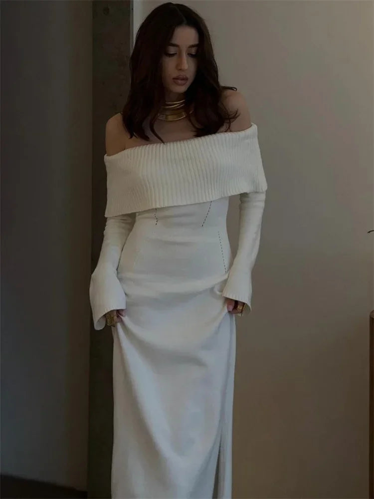 maoxiangshop - White Autumn Knit Sweater Long Dress Women Ribbed High Waist Fashion Off-Shoulder Loose Party Dress Female Knitwear Dress