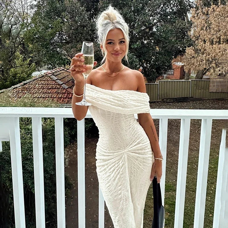maoxiangshop - Elegant Textured One-shoulder Ruched Dress For Women Autumn New Sleeveless Tube Top Maxi Dress Lady Holiday Party Clothes