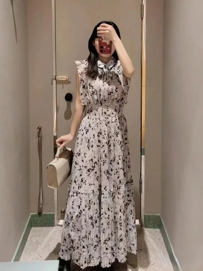 maoxiangshop Japan Style Flying Sleeve Floral Vestidos De Mujer Sweet Pleated Slim Waist Women Dress Chiffon New Neck Robe