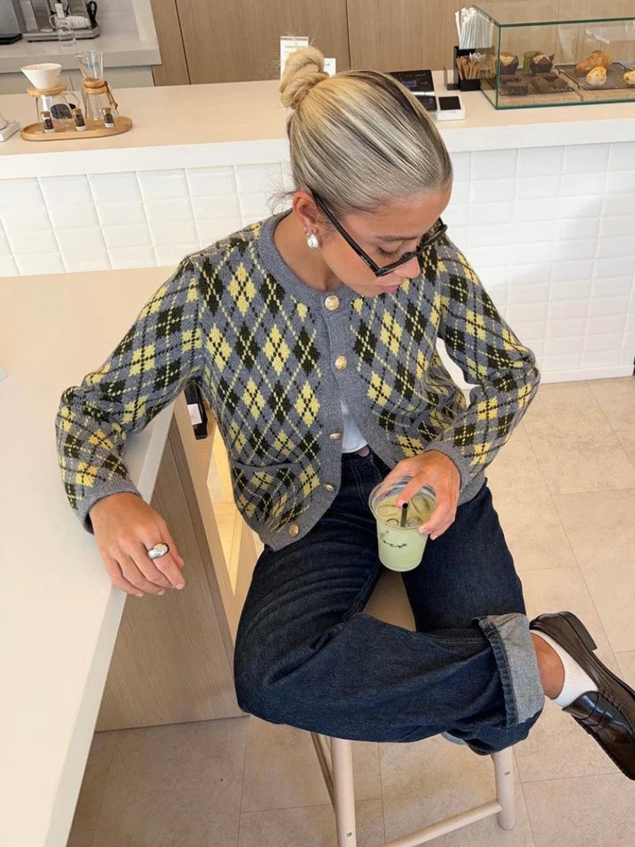maoxiangshop - Irregular Plaid Knitted Cardigan Women Round Neck Single Breasted Long Sleeve Sweater Vintage Casual Jumper Outerwear Autumn New
