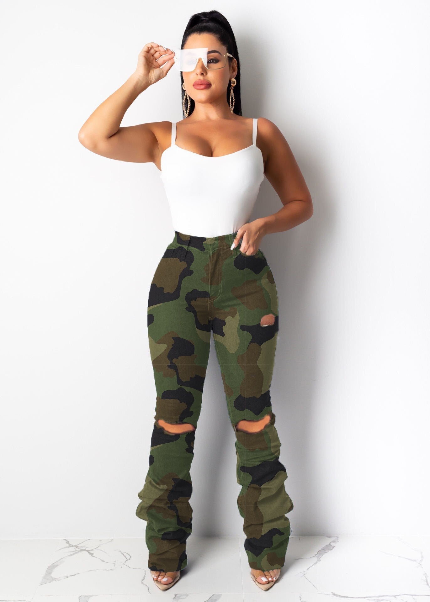 maoxiangshopCamo Flare Cargo Pants For Women High Waist Big Size Camouflage Print Baggy Techwear Patchwork Pocket Summer Streetwear Trousers
