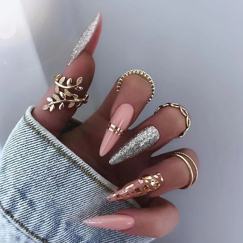24Pcs False Nails With Glue Almond Pink Butterfly Design Detachable Rhinestones Acrylic Fake Nails long stiletto Press On Nails