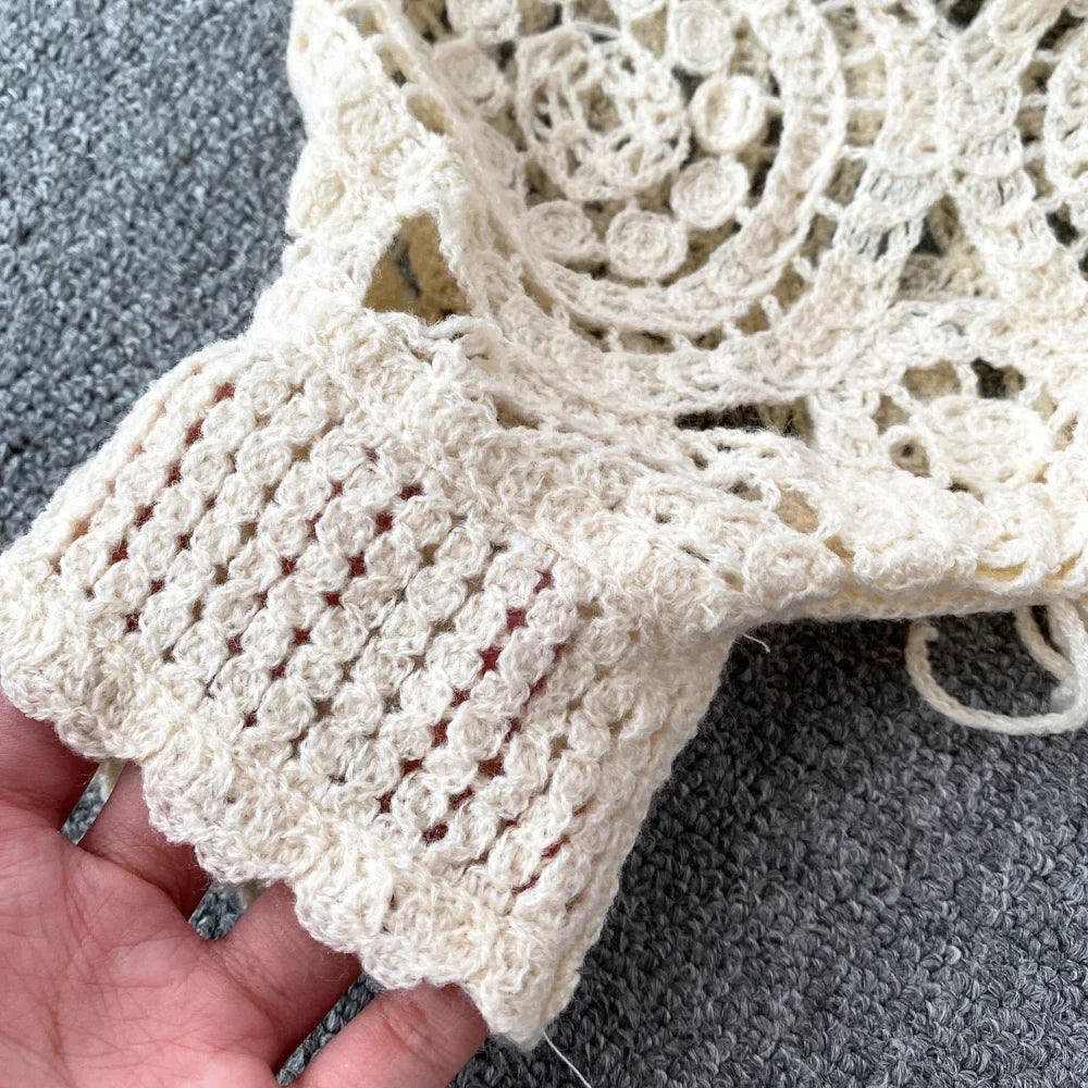 maoxiangshop Bohimian Sweater Women O-neck Lantern Sleeve Tassel Female Causal Crochet Tops Ladies Knitted Hollow Out Sweaters Dropshipping
