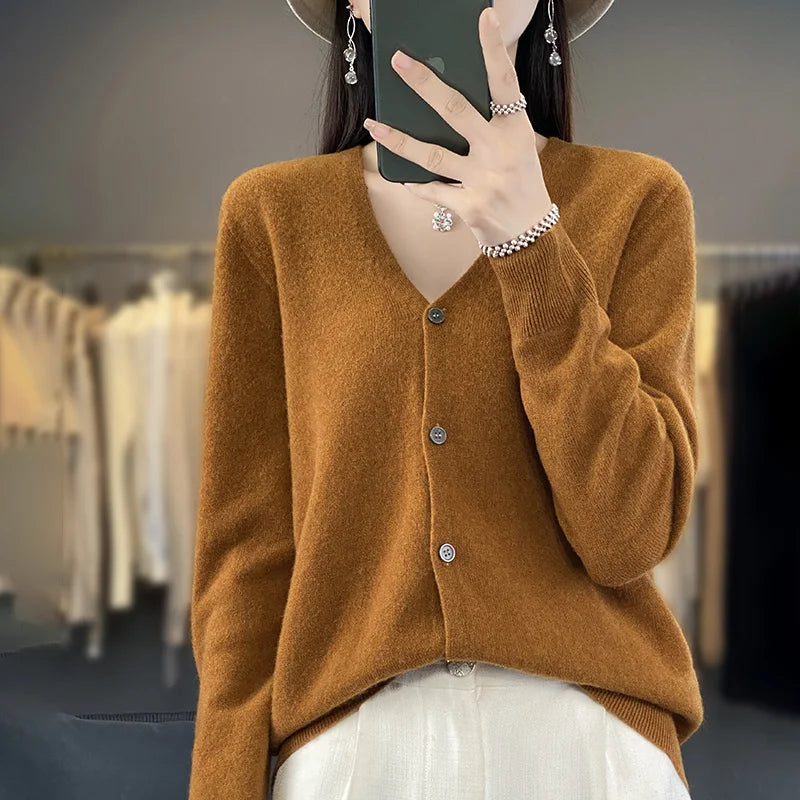 maoxiangshop New Fashion Spring Autumn 100% Merino Wool Women's V-neck Cardigan Cashmere Sweater 2024 Female Knitwear Clothing Korean Tops